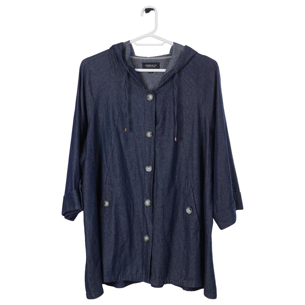 Jones New York Jacket 3X Blue Chambray Cotton Hooded Button Front Pockets Casual